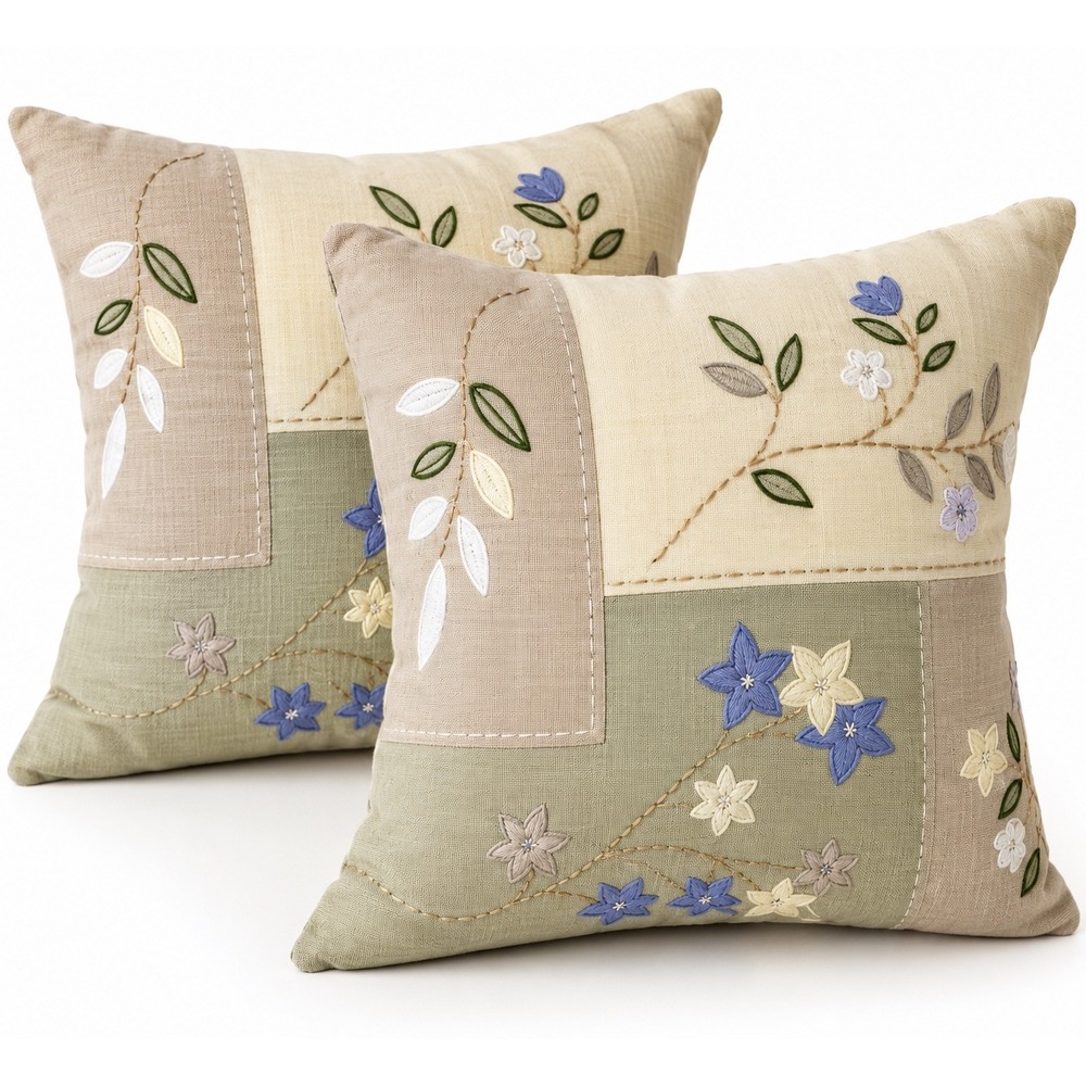 Pottery Barn Embroidered Floral Linen Throw Pillows Set of 2 18x18 Down Feathers